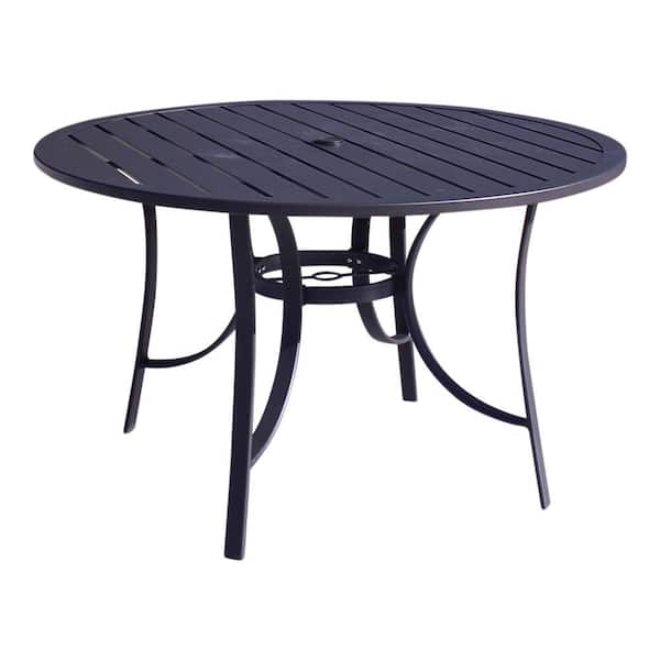 Courtyard Casual Santa Fe 48 in. Round Aluminum Dining Table with Slat Top and Umbrella Hole in Java