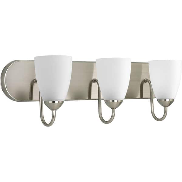 Progress Lighting Gather Collection 3-Light Brushed Nickel Etched Glass Traditional Bath Vanity Light