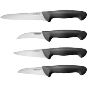 4-Piece High-Carbon Steel Full Tang Serrated and Flat Edge Paring Knife Set with Ergonomic Handle, Black