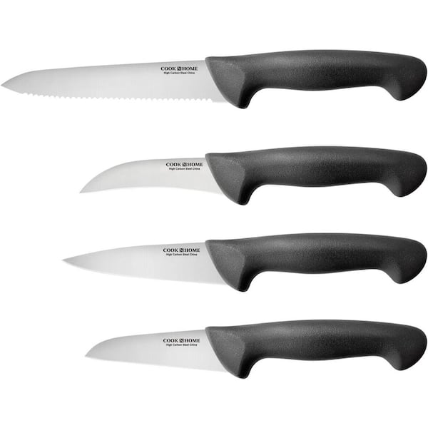 Cook N Home 4-Piece High-Carbon Steel Full Tang Serrated and Flat Edge Paring Knife Set with Ergonomic Handle, Black