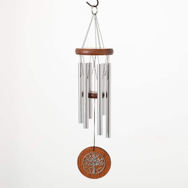 WOODSTOCK CHIMES Signature Collection Woodstock Habitats Chime 17 in. Silver Teak Tree of Life Outdoor Patio Home Garden Decor HCTT