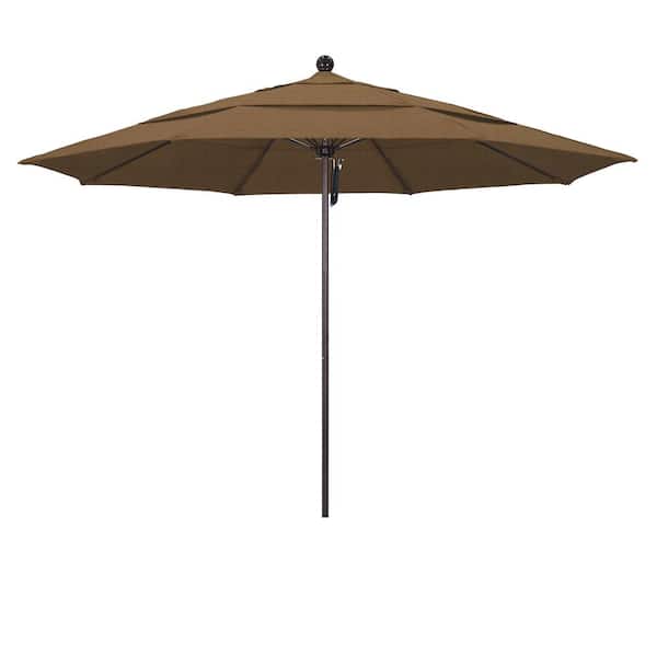 California Umbrella 11 ft. Bronze Aluminum Commercial Market Patio Umbrella with Fiberglass Ribs and Pulley Lift in Woven Sesame Olefin