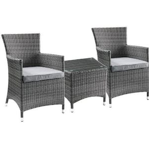 Gray 3-Piece Wicker Patio Outdoor Dining Set with Clear Tempered Glass Table and Cushions
