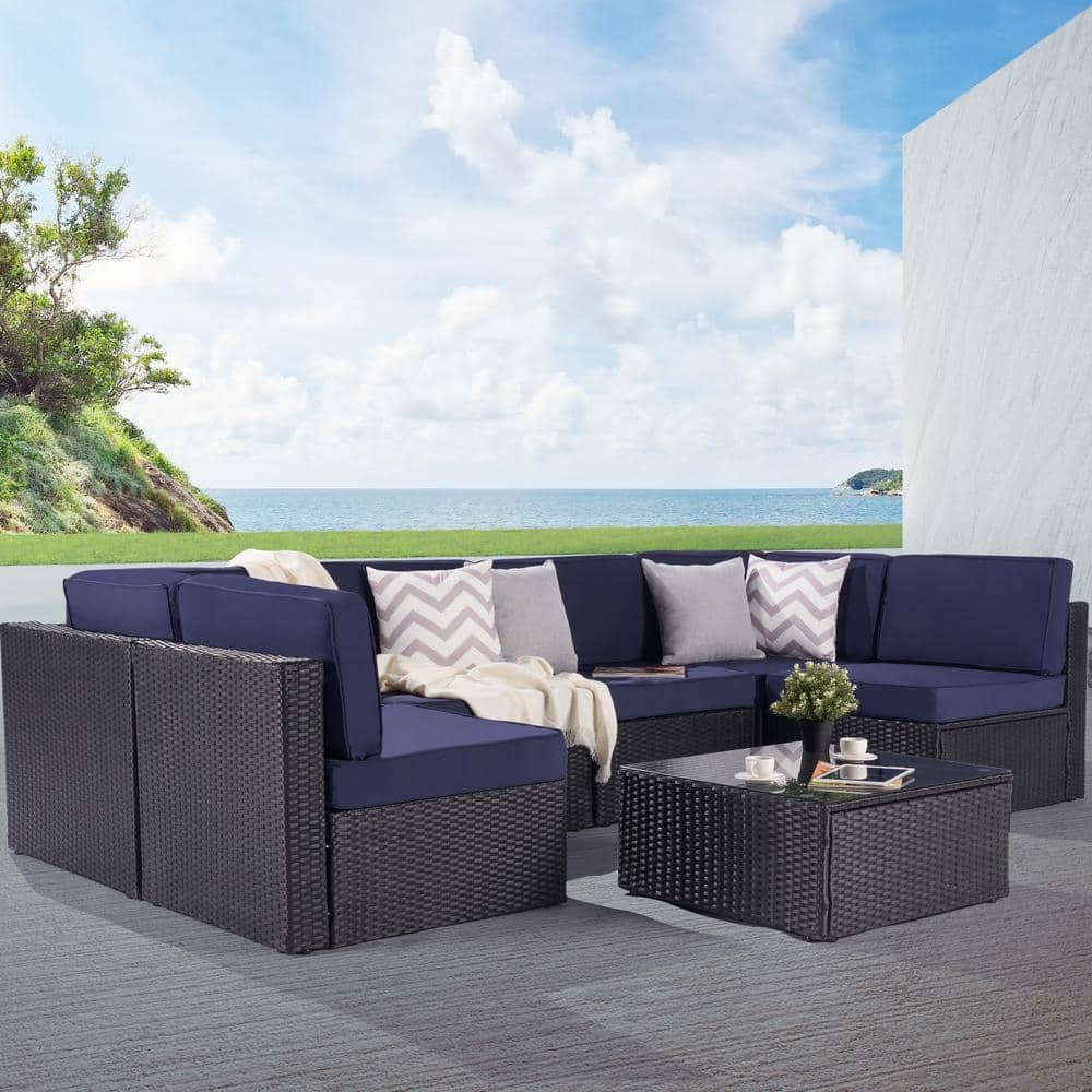 7-Piece Patio Conversation Sofa Set with Navy Blue Cushion and tempered Glass Desktop price history on PriceWatchPro