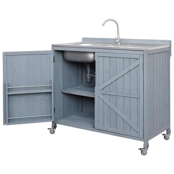 39.4" Outdoor Blue Kitchen Island with Sink,Back Splash, Faucet and 4 Wheels for BBQ