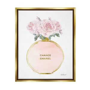 Pink and Gold Round Perfume Bottle with Roses by Amanda Greenwood Floater Frame Nature Wall Art Print 25 in. x 31 in.