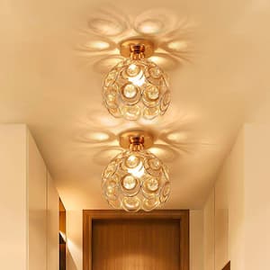 7 in. 1-Light Gold Semi Flush Mount Ceiling Light Fixture with Antique Metal Crystal Shade