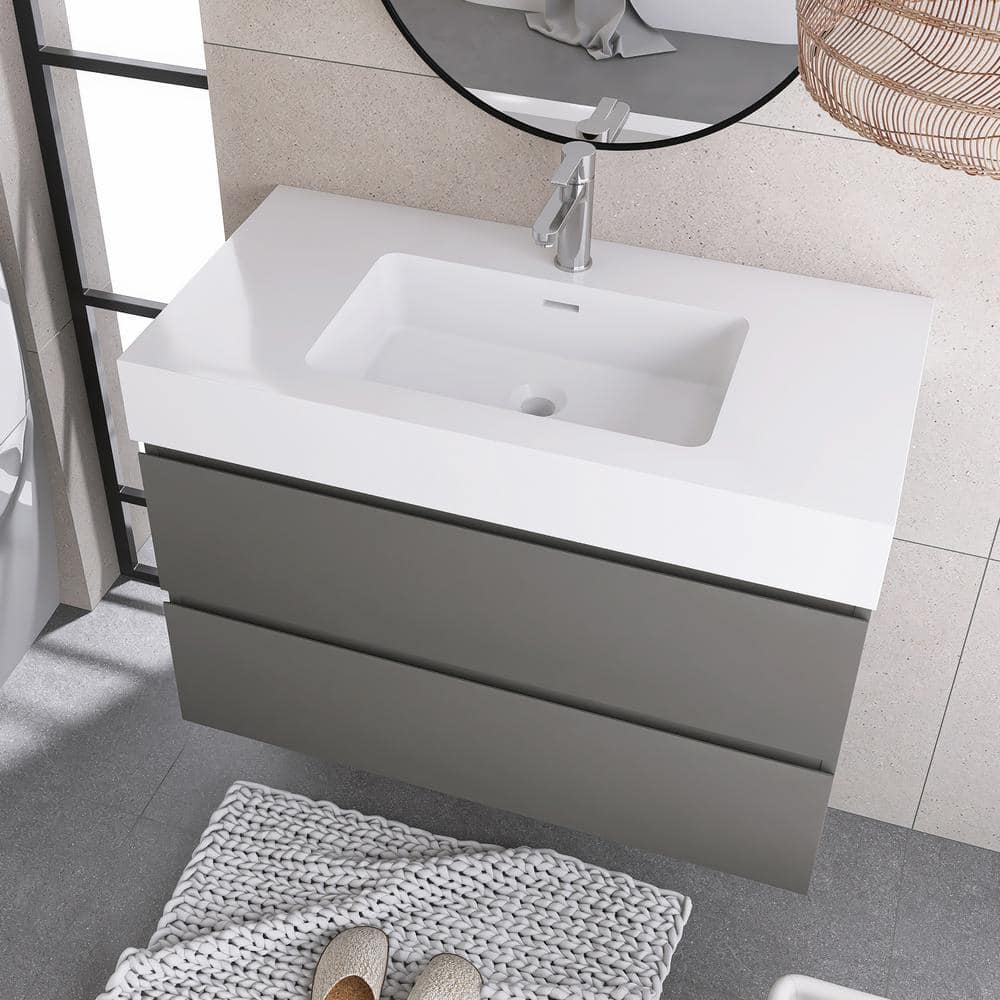 Grey Wall-Mounted Bathroom Vanity with White Resin Sink, 36"