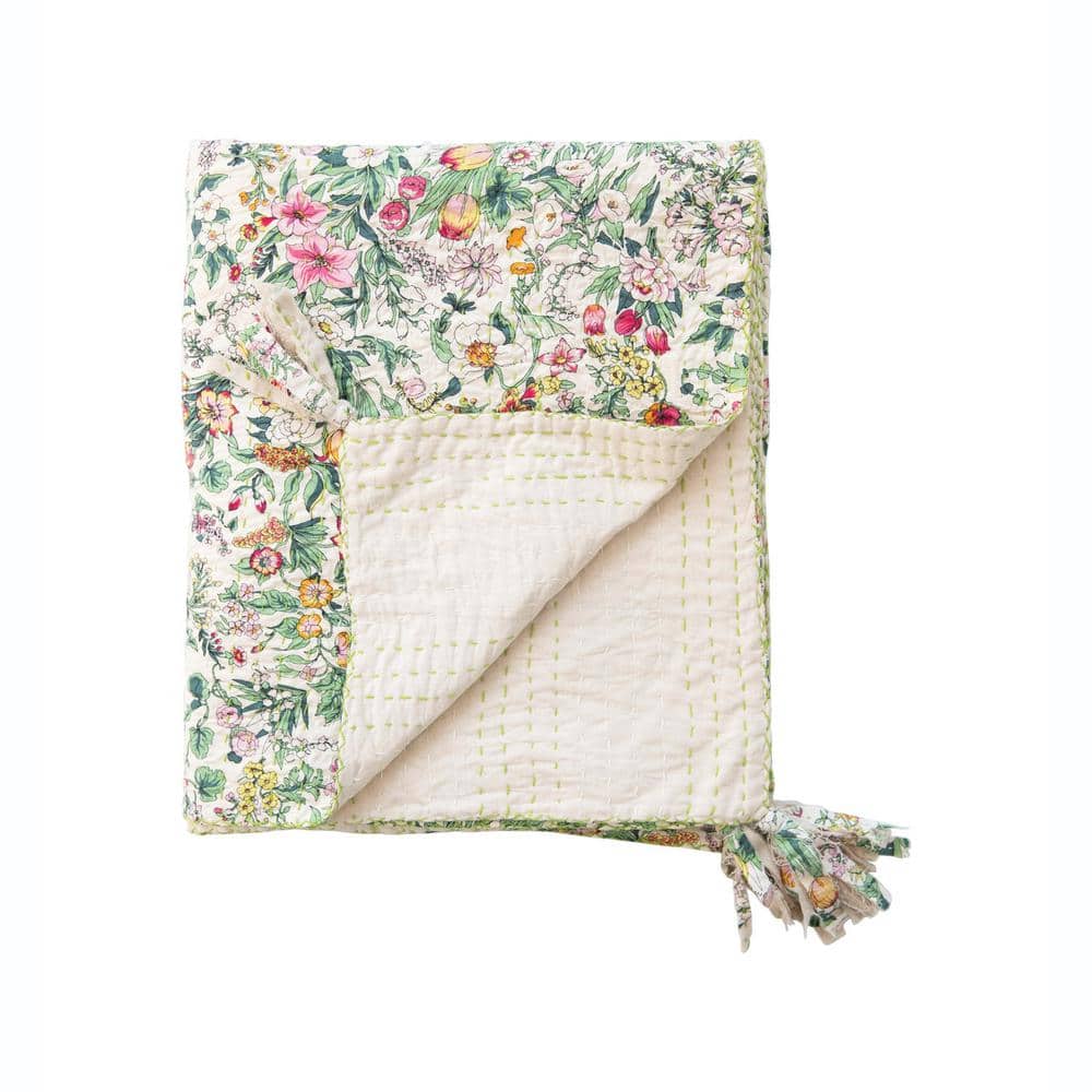 Multicolor Quilted Cotton Floral Throw with Tassels, 60" x 50"