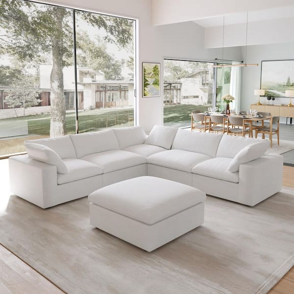 Unbranded 6-piece Modular 120.5 in. Deep Seat Linen Sectional Sofa with Storage and Removable Covers, Cushions in. White 7-Seater