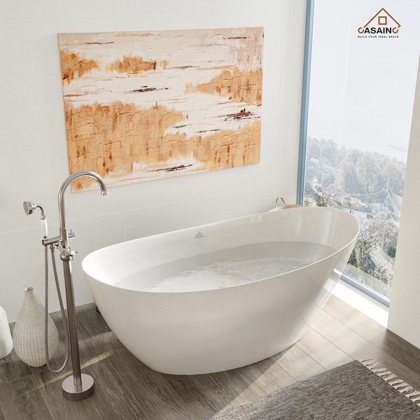 CASAINC 59 in. 30 in. Stone Resin Solid Surface Double-headed Raised Soaking Bathtub in Matte White with Brushed Nickel Faucet