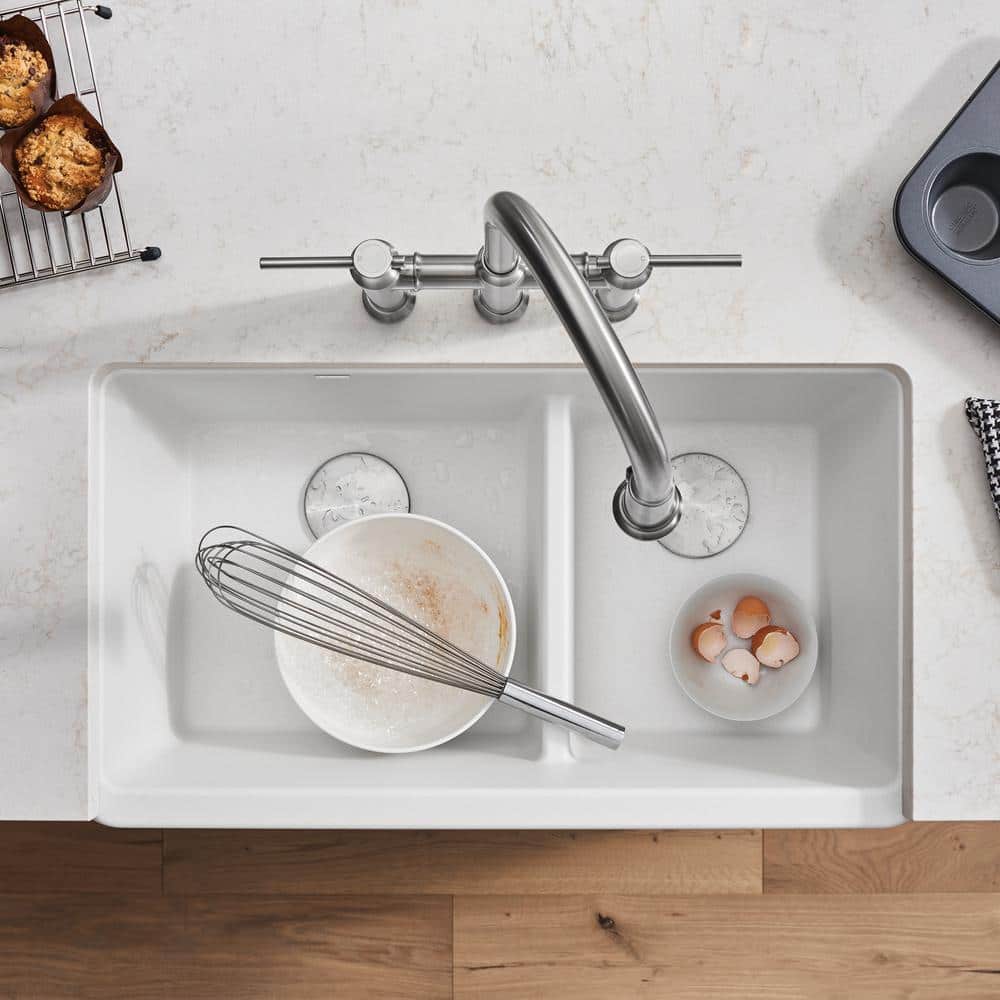 White Stone Double Bowl Farmhouse Kitchen Sink, 33-inch