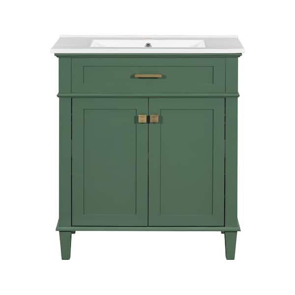 30 in. W x 18 in. D x 34 in. H Single Sink Freestanding Bath Vanity in Green with White Ceramic Top