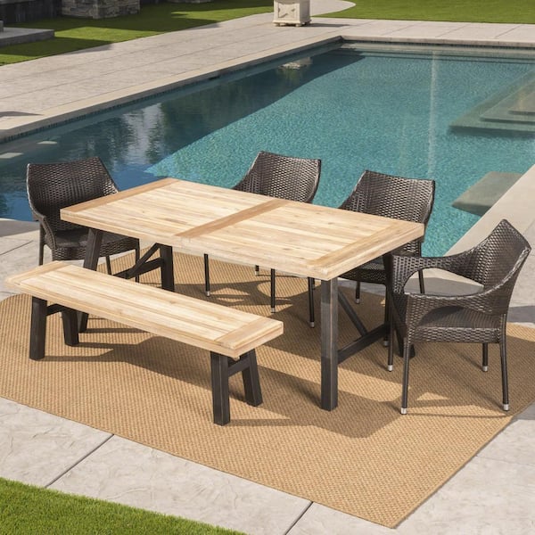 Noble House Coleman 6 Piece Wood And, Patio Dining Set With Bench