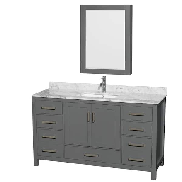 Wyndham Collection Sheffield 60 in. W x 22 in. D x 35 in. H Single Bath Vanity in Dark Gray with White Carrara Marble Top and MC Mirror
