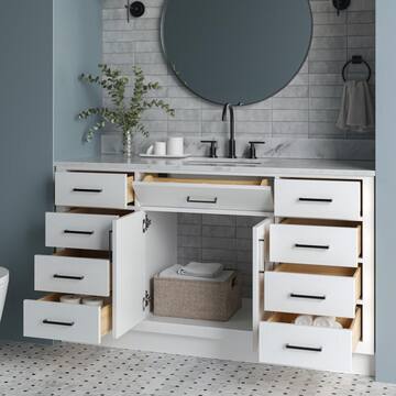 ARIEL Hepburn 60 in. W x 22 in. D x 35.25 in. H Bath Vanity in White with Carrara Marble Vanity Top in White with White Basin T061SCW2RVOWHT