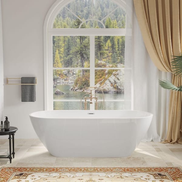 63 in. x 28.35 in. Acrylic Double Slipper Freestanding Soaking Bathtub with Chrome Overflow and Drain in Glossy White
