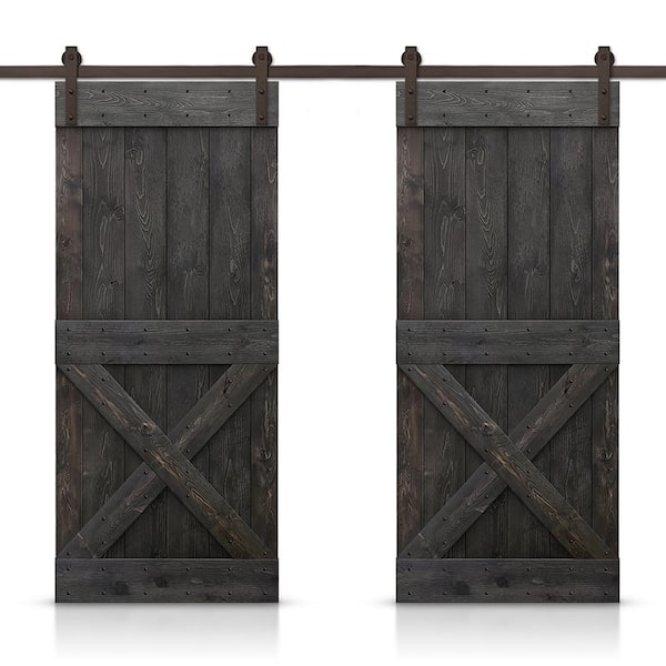 CALHOME Mini X 40 in. x 84 in. Charcoal Black Stained DIY Solid Pine Wood Interior Double Sliding Barn Door with Hardware Kit
