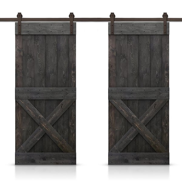 CALHOME Mini X 52 in. x 84 in. Charcoal Black Stained DIY Solid Pine Wood Interior Double Sliding Barn Door with Hardware Kit