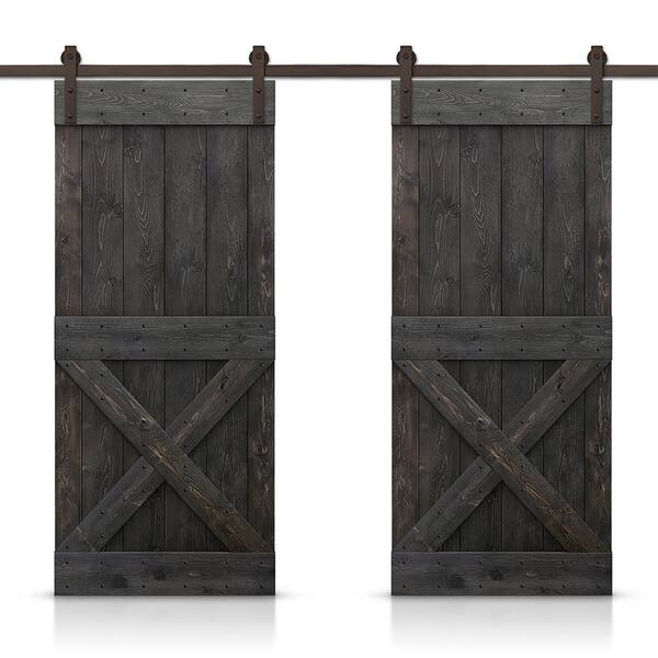 CALHOME Mini X 88 in. x 84 in. Charcoal Black Stained DIY Solid Pine Wood Interior Double Sliding Barn Door with Hardware Kit