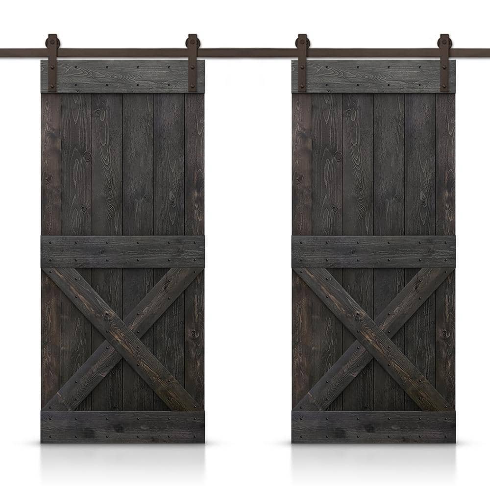CALHOME Mini X 96 in. x 84 in. Charcoal Black Stained DIY Solid Pine Wood Interior Double Sliding Barn Door with Hardware Kit -  CN+(2)AB-96+11-48DT