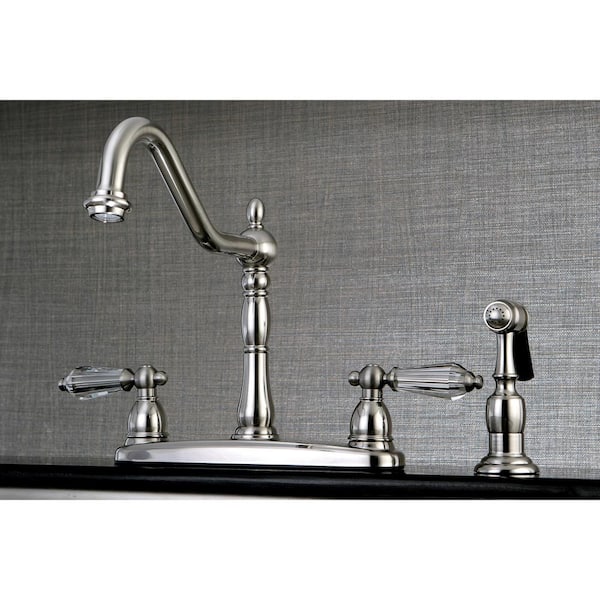 Crystal 2-Handle Standard Kitchen Faucet with Side Sprayer in Brushed Nickel