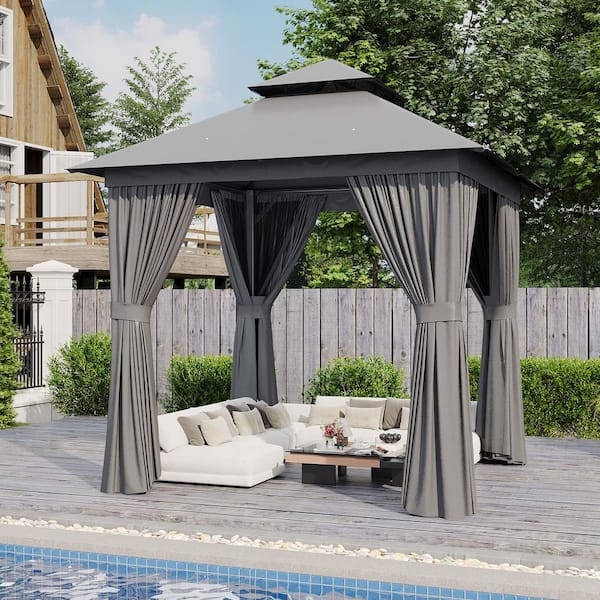 Sizzim Grey Outdoor Gazebo for Patio 8 ft. x 8 ft. Metal Frame Canopy with Double Roofs, Heavy Duty Party Tent and Shelter