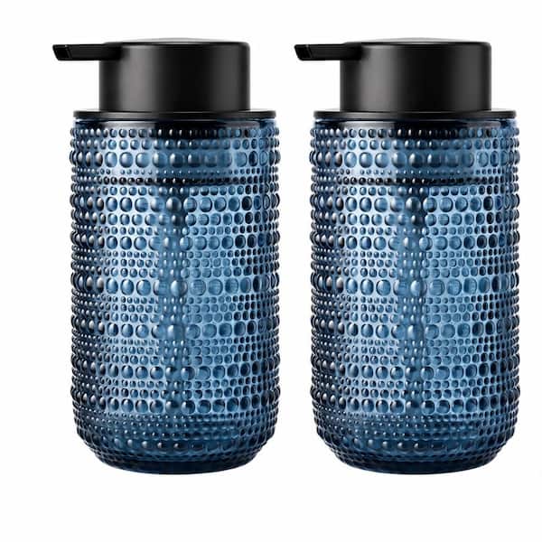 Blue Glass Foaming Soap Dispenser 14 oz Vintage Hobnail Texture with Black Pump, 2 Pack