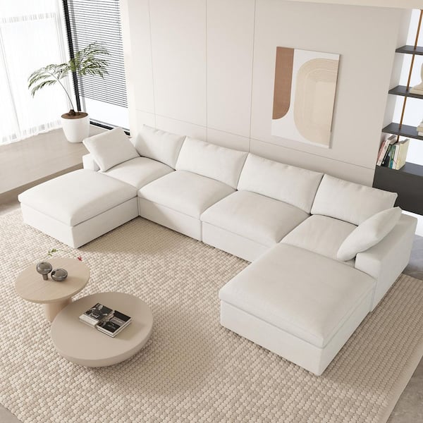 J&E Home 160.6 in. W Square Arm Linen U-Shaped 6-Pieces Modular Free Combination Sofa with Storage Ottoman in White