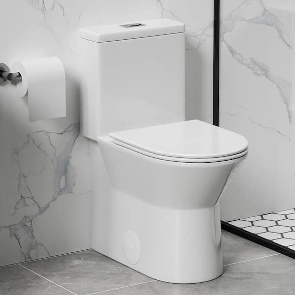 Powerful Dual-Flush Elongated 1-Piece Toilet in Gloss White with Rimless Bow Soft Closing Seat 12 in. Rough-In