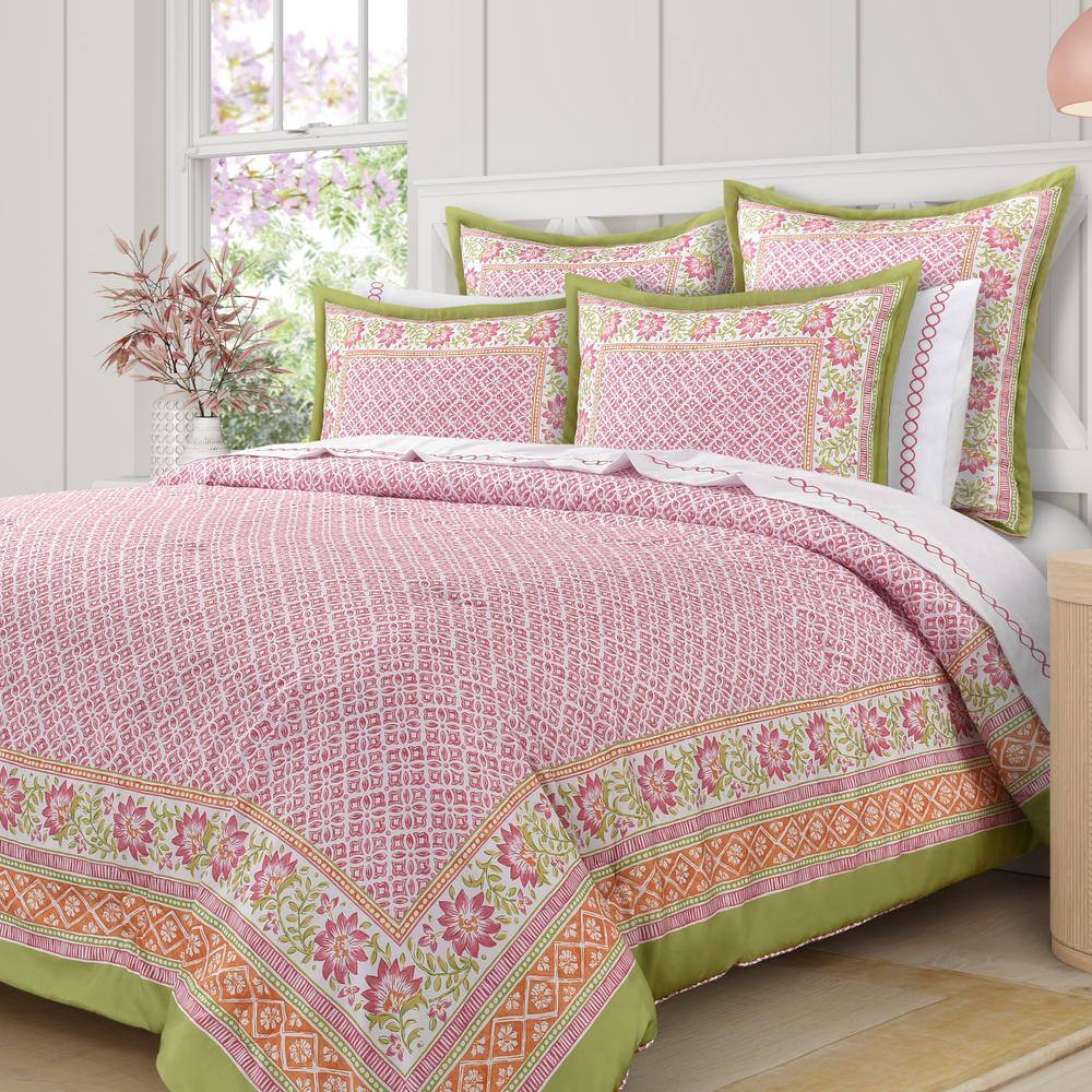 Queen Pink Microfiber Floral Geometric Comforter Set