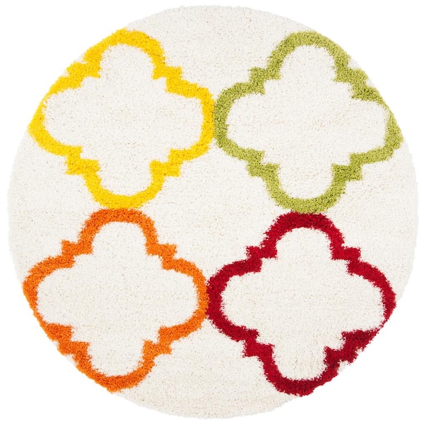 Sgk-Shag Kids 5 ft. x 5 ft. Ivory/Multi Quatrefoil Round Rug