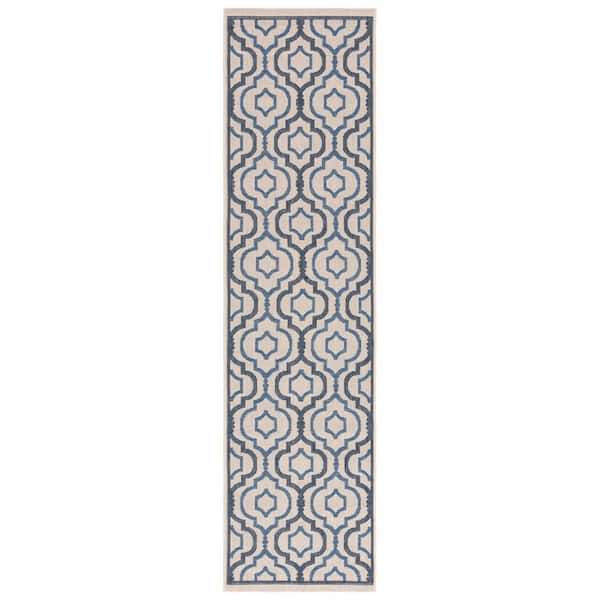 Courtyard Beige/Navy 2 ft. x 8 ft. Floral Trellis Indoor/Outdoor Runner Rug