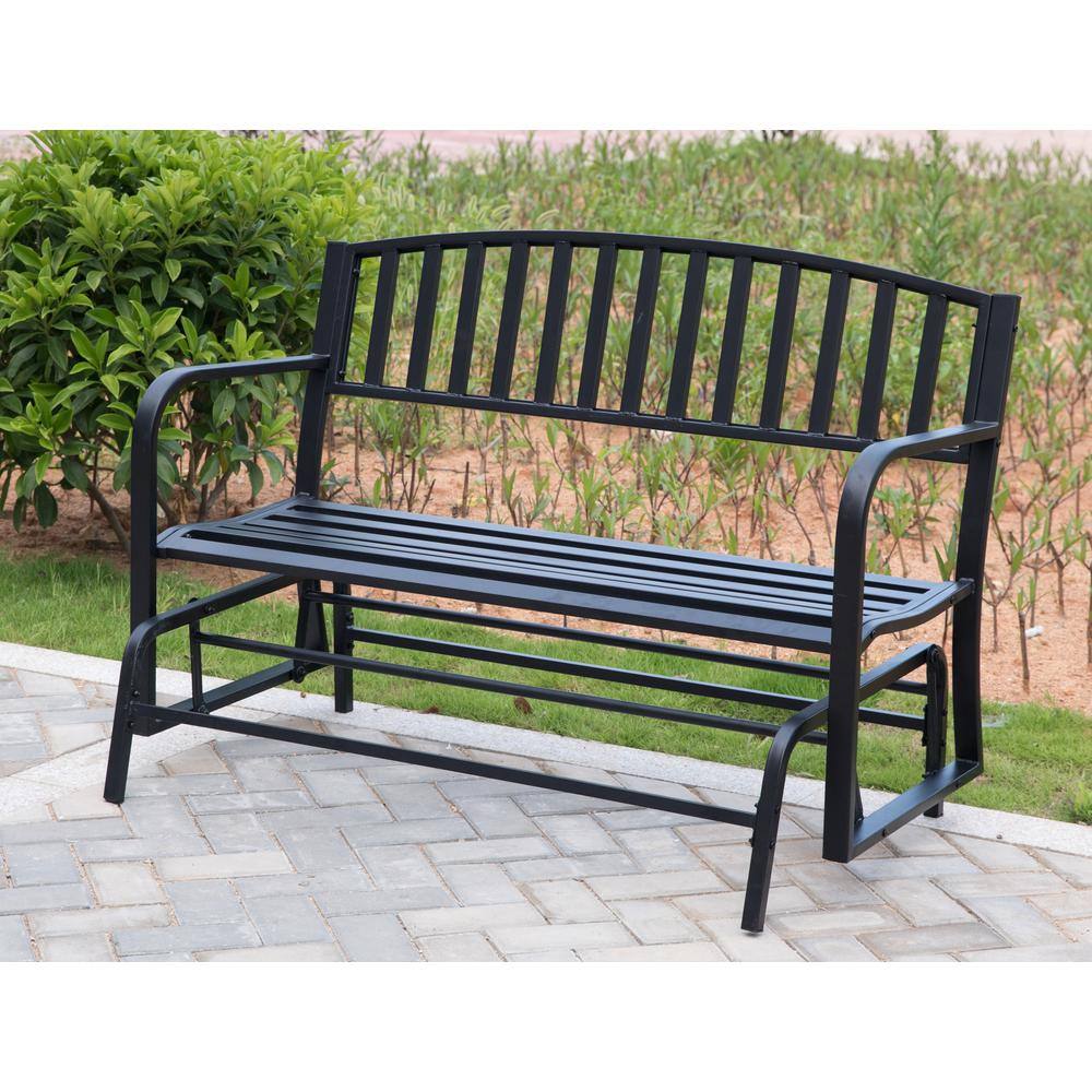 Black Powder-Coated Steel Outdoor Glider Bench with Curved Backrest