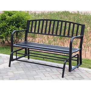 Outdoor Black Steel Swing, Powder Coated Glider Bench, Loveseat Lawn Rocker Bench for Yard, Patio, Garden and Deck