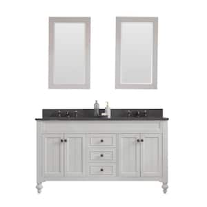 Potenza 60 in. W x 33 in. H Vanity in Ivory Grey with Granite Vanity Top in Blue Limestone with White Basin and Mirrors