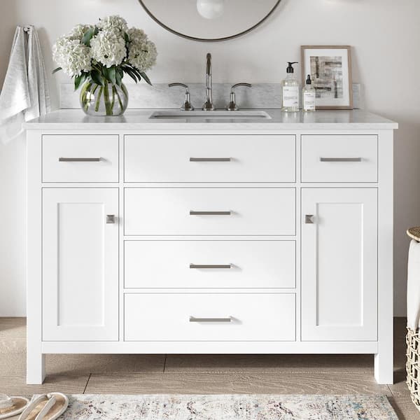 ARIEL Bristol 49 in. W x 22 in. D x 35.25 in. H Freestanding Bath Vanity in White with White Marble Top