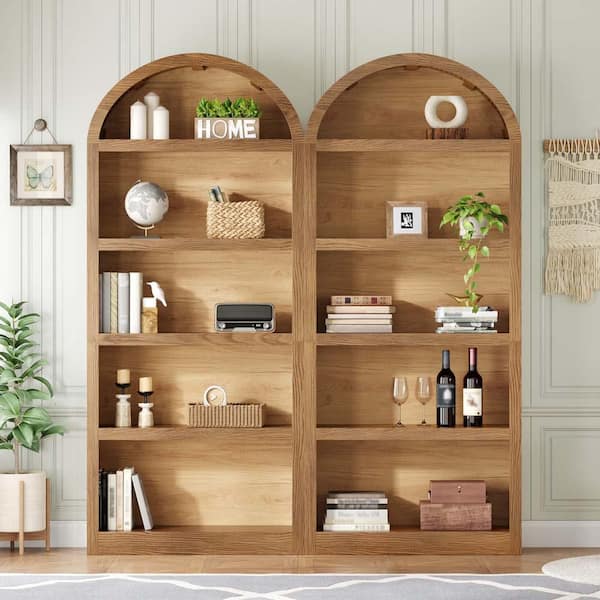 70 in. Tall Set of 2 Display Bookcase Brown MDF 5-Tier Bookcase, Open Storage Cabinet with Fabric Arched Top