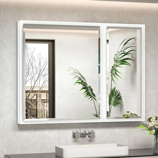 KeonJinn 40 in. W x 30 in. H Rectangular White Metal Framed Beveled Surface Mount/Recessed Medicine Cabinet with Mirror