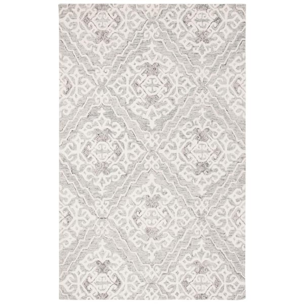 SAFAVIEH Micro-Loop Grey/Ivory 4 ft. x 6 ft. Floral Medallion Geometric Area Rug
