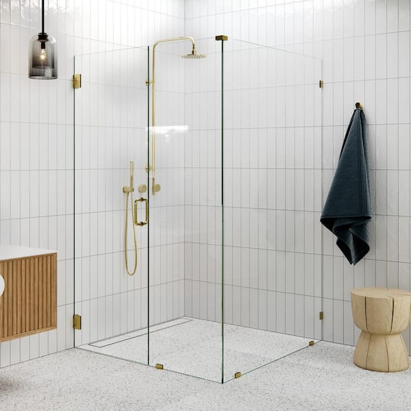 48 in. W x 48.5 in. D x 78 in. H Pivot Frameless Corner Shower Enclosure in Polished Brass Finish with Clear Glass
