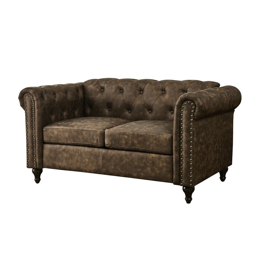 ARTFUL LIVING DESIGN Hector 60 in. Wide Taupe Leather Rectangle Tufted 2Seat Loveseat with