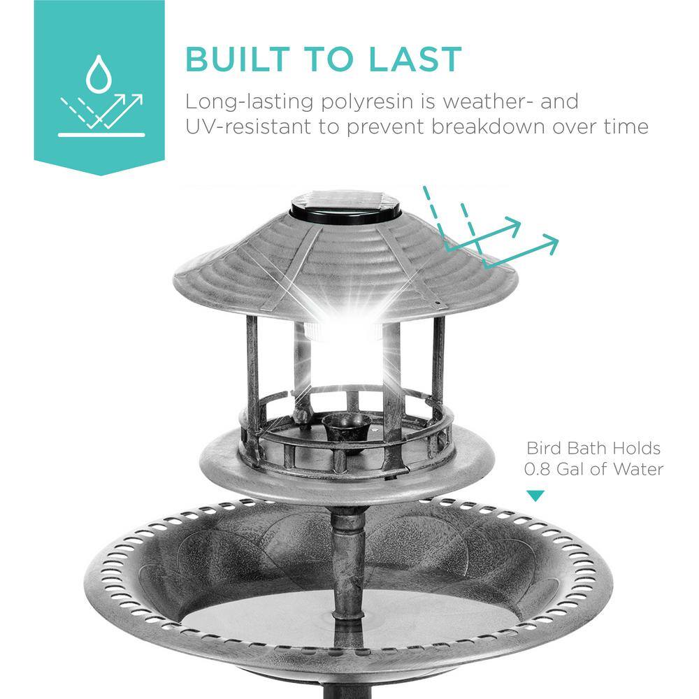 Stone Solar-Powered Bird Bath with Planter Base and Lamp