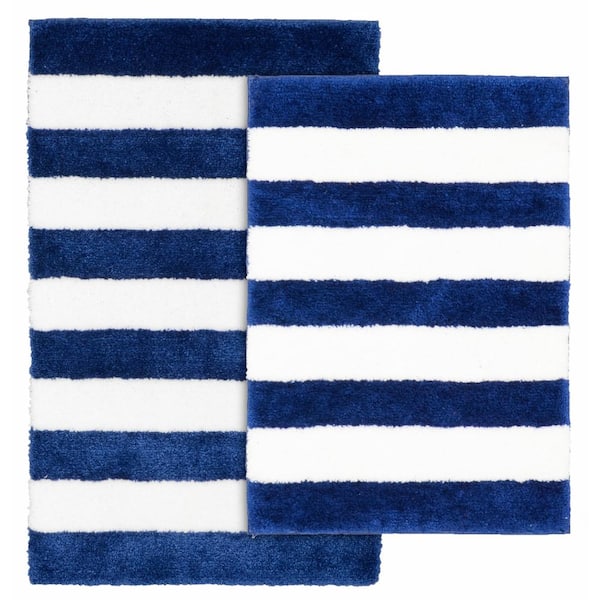 Garland Rug Beach Stripe Indigo Blue and White 21 in. x 34 in. Stripe Nylon Polyester 2-Piece Bath Mat Set