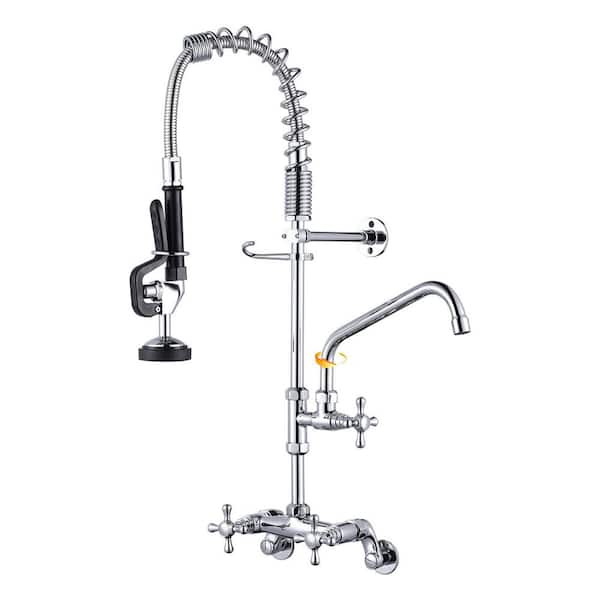 26 in. H Solid Brass Triple Handle Wall-Mounted Kitchen Faucet with Pre-Rinse Sprayer and Pot Filler in Polished Chrome