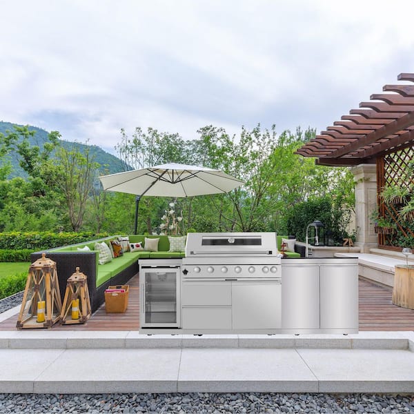 Deluxe Series 6-Burner Propane Grill Island 46 in. Stainless Steel with Rotisserie, Wine Cooler, and Storage Cabinets