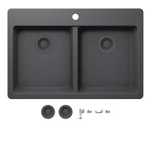 Stonehaven 33 in. Drop-In 50/50 Double Bowl Charcoal Gray Granite Composite Kitchen Sink with Charcoal Strainer