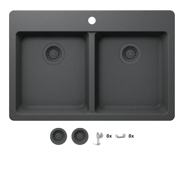 Glacier Bay Stonehaven 33 in. Drop-In 50/50 Double Bowl Charcoal Gray Granite Composite Kitchen Sink with Charcoal Strainer