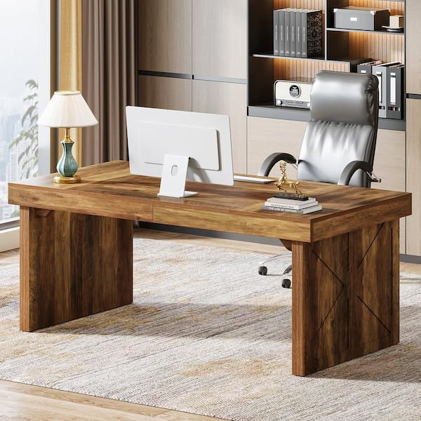 BYBLIGHT Capen 63 in. Rectangular Browm Engineered Wood Executive Computer Desk with Heavy Duty Wood Frame for Home Office