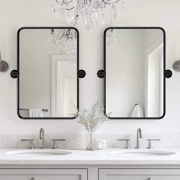 20 in. W x 30 in. H Modern Rectangular Black Stainless Steel Frame Round Corner Adjustable Vanity Mirror Wall Mirror